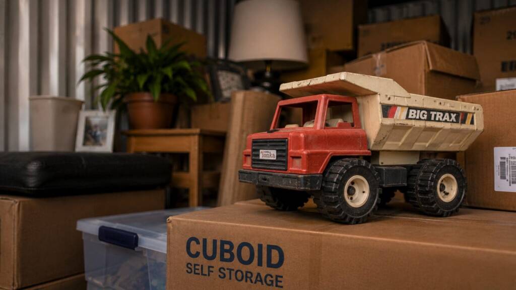 Toy dump truck on a Cuboid Self Storage box among packed household belongings